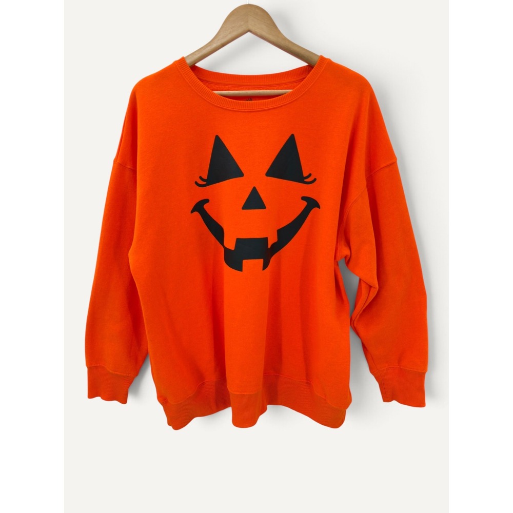 Halloween Jack O Lantern Pumpkin Face Cotton Blend Sweatshirt Orange XL Holiday